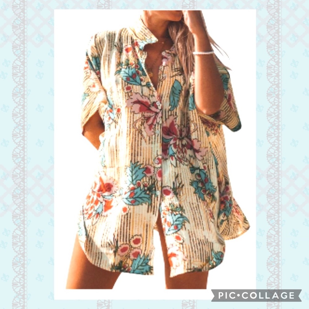 Floral/Striped Print Buttoned Cover Up size Large